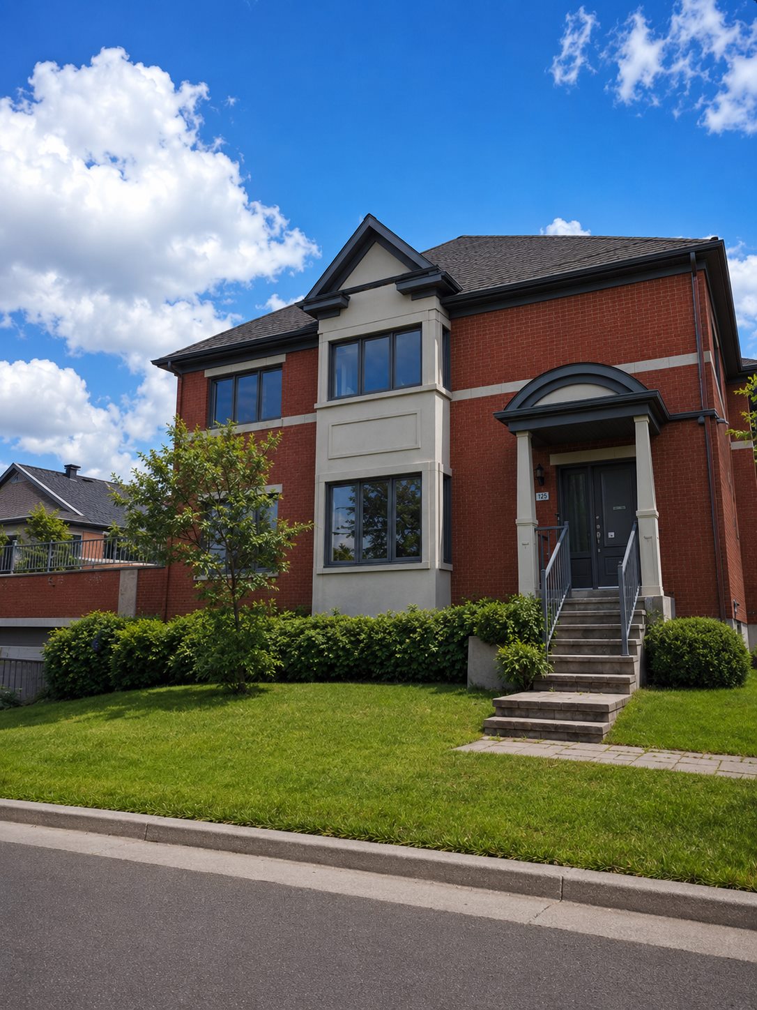 Bright home exterior with clean visible windows from the street after service
