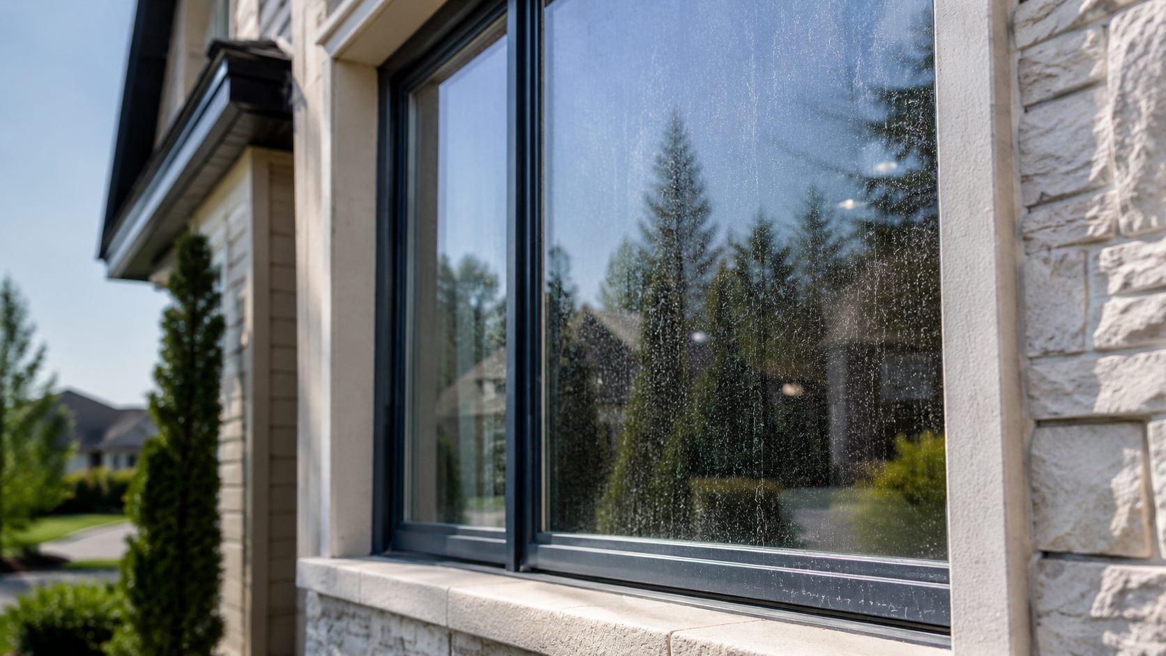 Dirty residential window with a blurred view through the glass