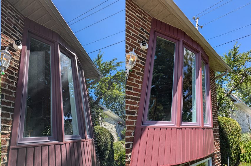 Before left and after right bay window cleaning on a West Island home