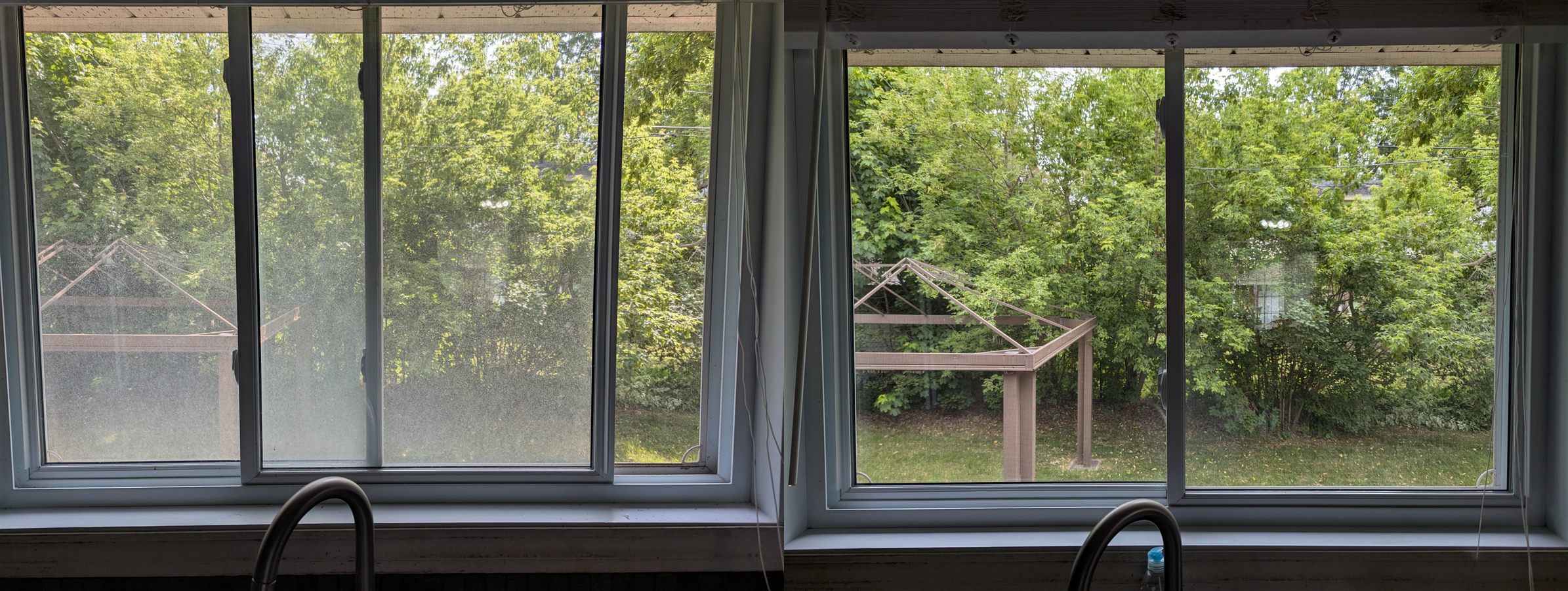 Before left and after right interior window cleaning