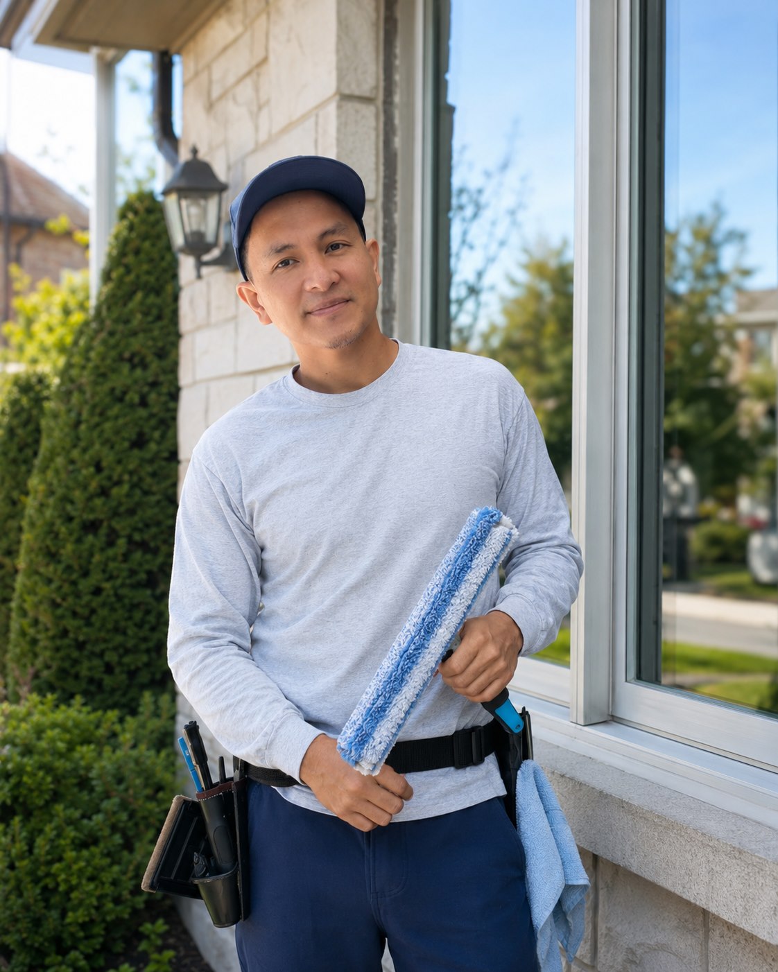 Stanley from Flip et Bulles holding a window cleaning washer beside a clean residential window